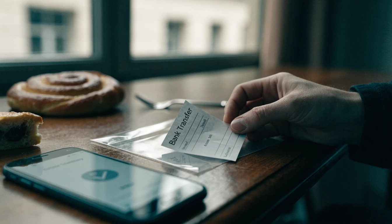 Hand legt Überweisungsformular in Umschlag, Smartphone daneben.